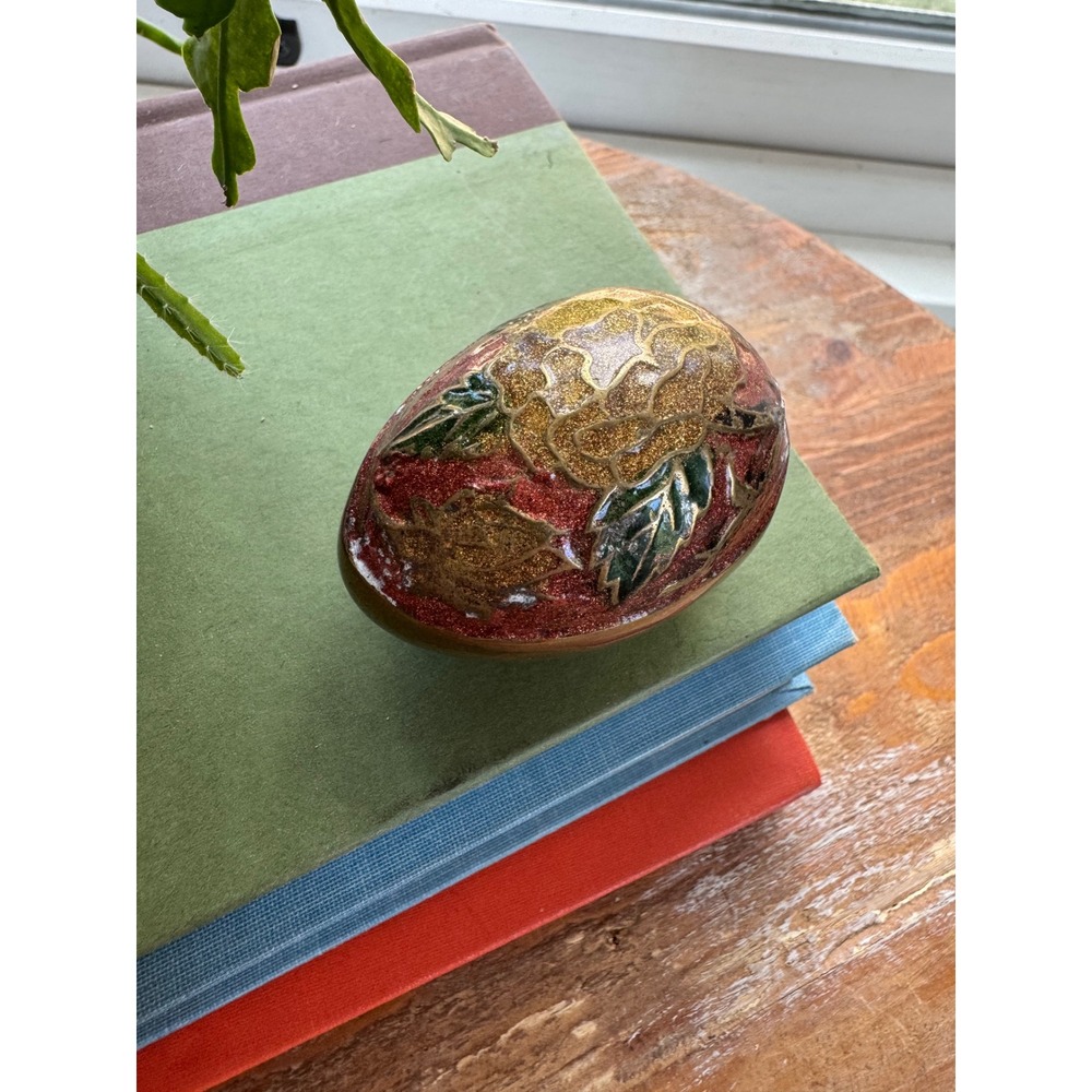 Vintage Brass Cloisonne Floral Egg Paperweight Gold Red Glitter Rose Decor